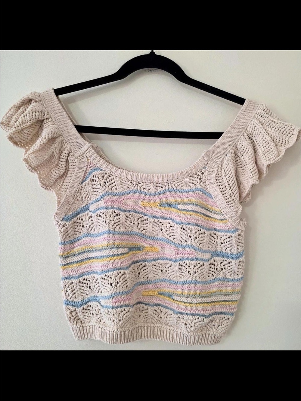 Zara Cream Crochet Crop Top with Pastel Pink, Blue & Yellow Stripes